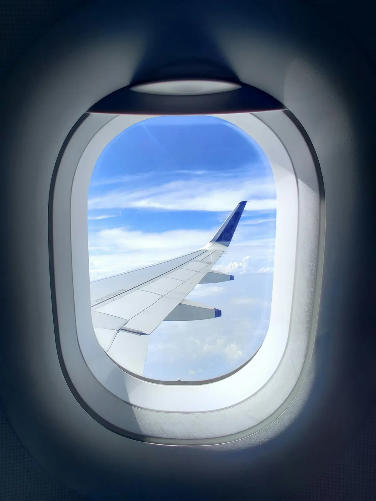 Aircraft wing against a bright blue sky, seen through a cabin window